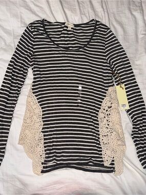 Buckle Brand Black & Cream Striped Long-Sleeve Top with Crochet Panels